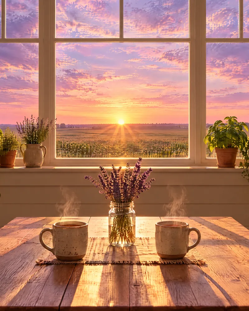 A sunlit kitchen table with two mugs of tea and a jar of lavender