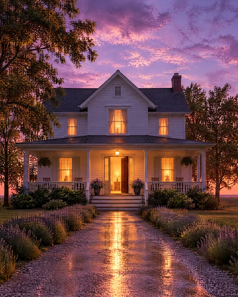 A white farmhouse at sunrise with its porch light on and the front door open